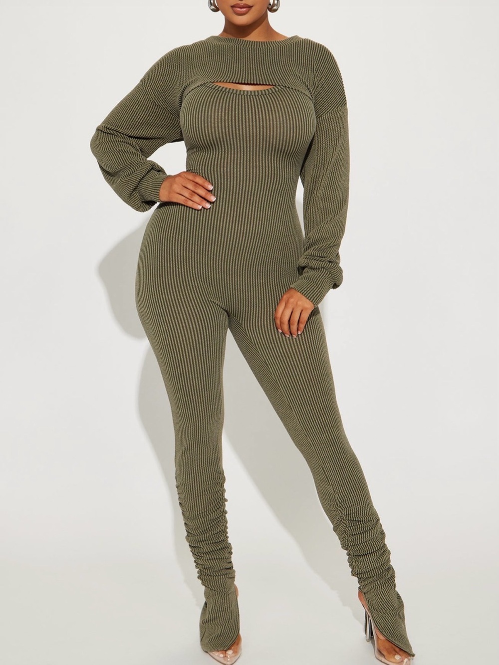 Fashion Nova Olive Ribbed Knit Cutout Jumpsuit